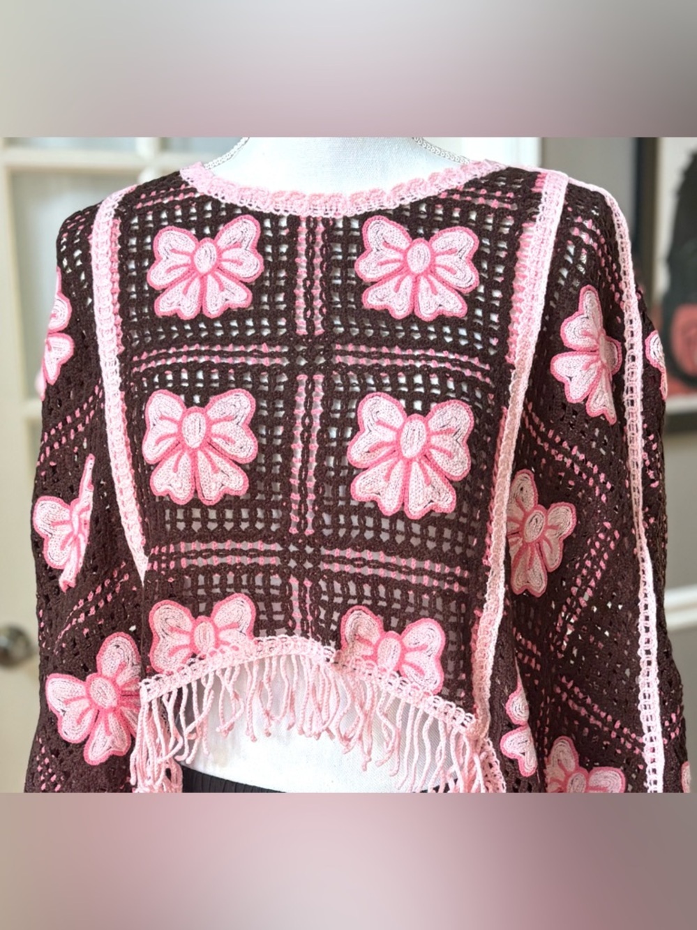 House of Harlow 1960 Floral Crochet Fringe Top Boho Anthropologie Style OS